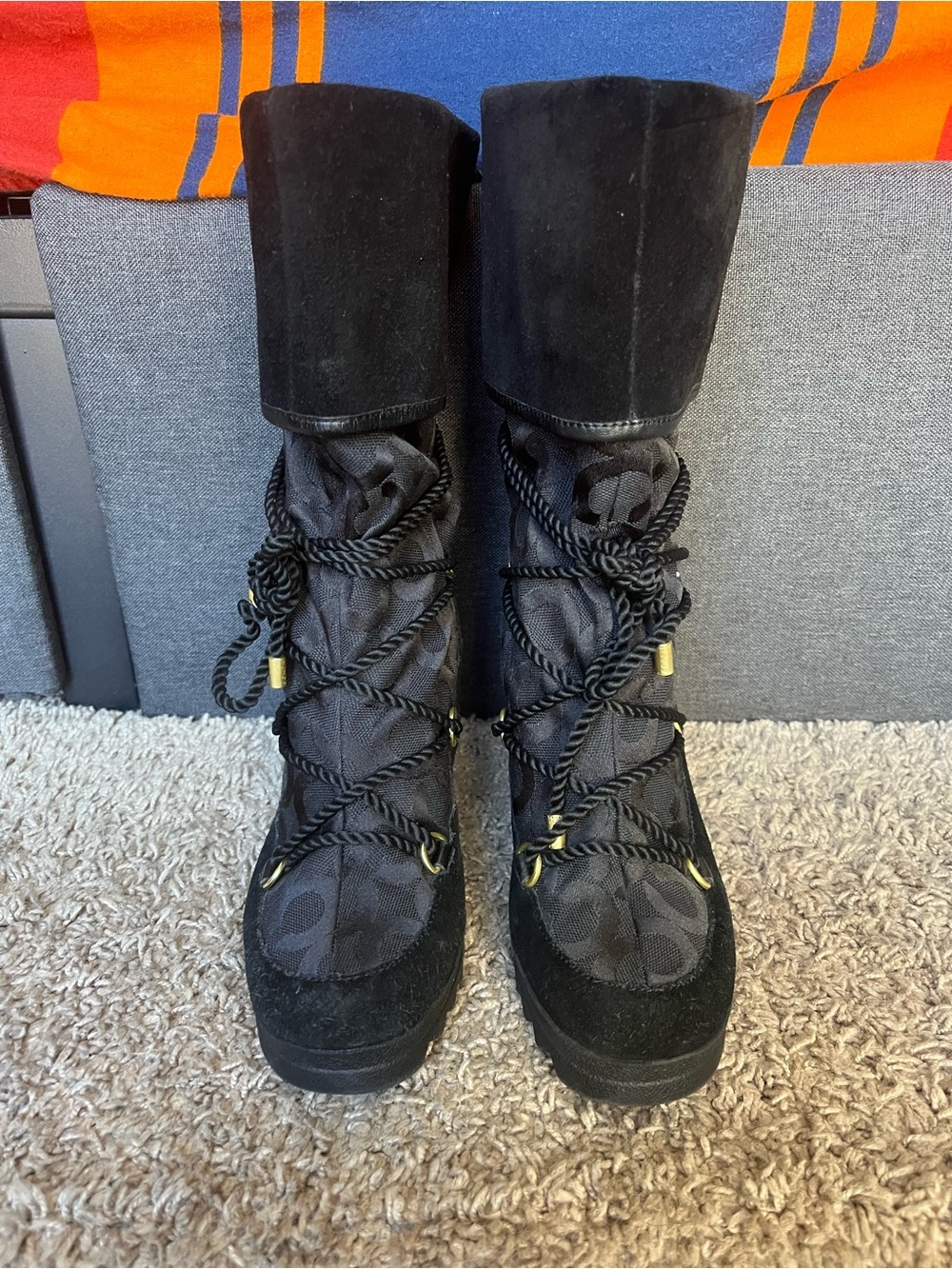 Coach Black Suede and Signature Logo Wedge Boots